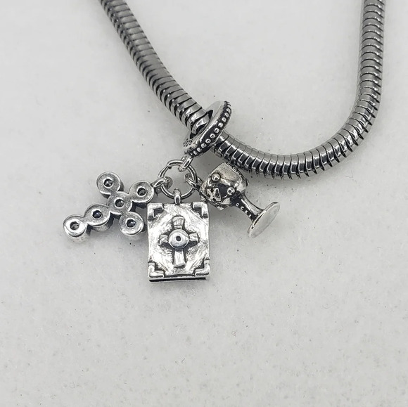 Bracelet Charm Holy Bible Sterling Silver 925 Dangle Charm Cross Bible Chalice - Picture 3 of 5